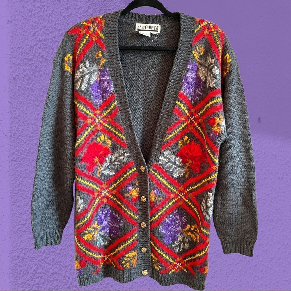 Vintage wool blend oversized knit cardigan plaid floral textured